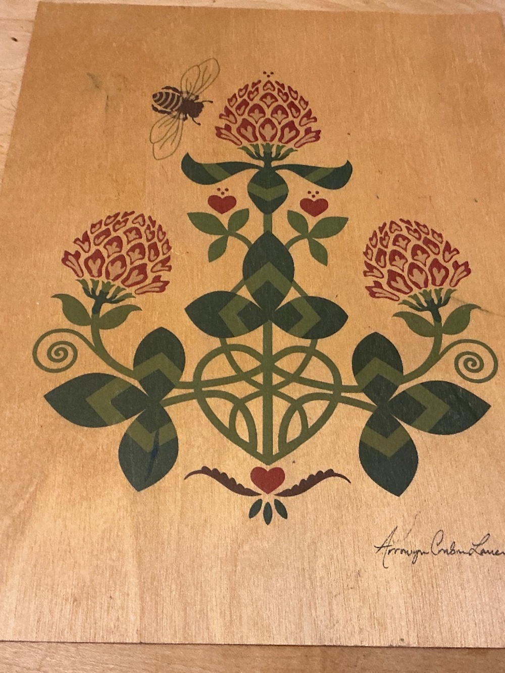 Little Gold Fox Designs. Wood Veneer Red Clover and Bee artwork Signed